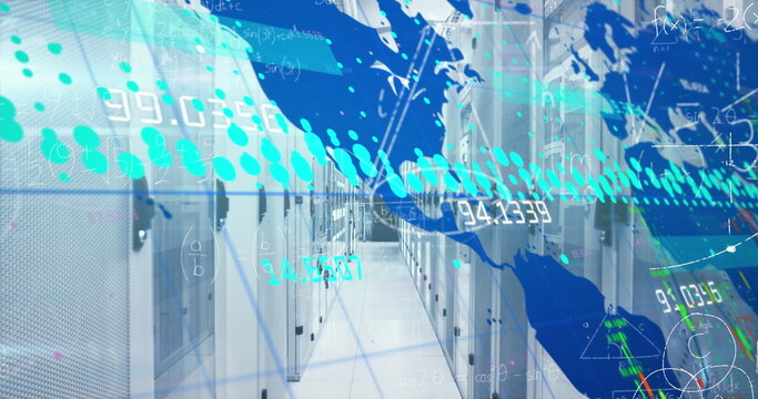 Image of mathematical equations and data processing over server room