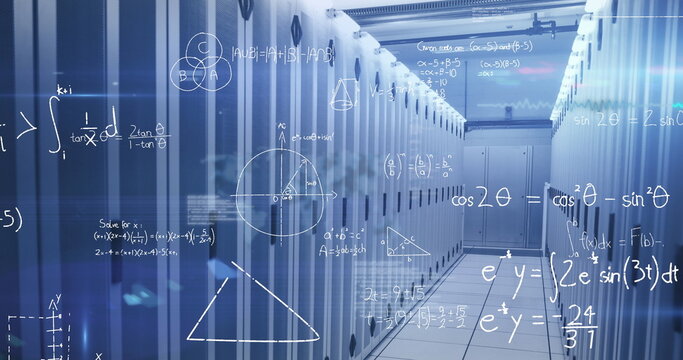 Image of mathematical equations and data processing over server room
