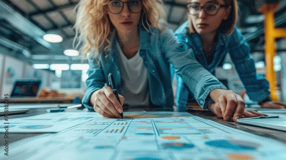 Poster two people working on a strategy in a modern office. generative ai.