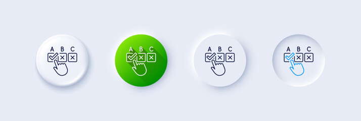 Correct checkbox line icon. Neumorphic, Green gradient, 3d pin buttons. Select answer sign. Business test symbol. Line icons. Neumorphic buttons with outline signs. Vector
