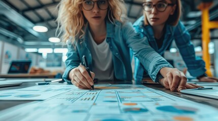 Fototapeta premium Two people working on a strategy in a modern office. Generative AI.