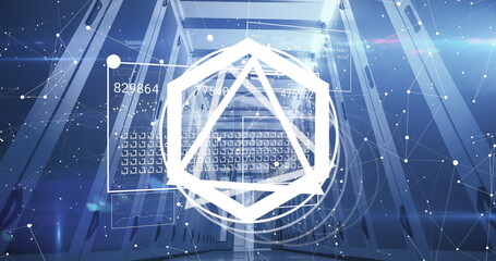 Image of shapes with data processing over server room