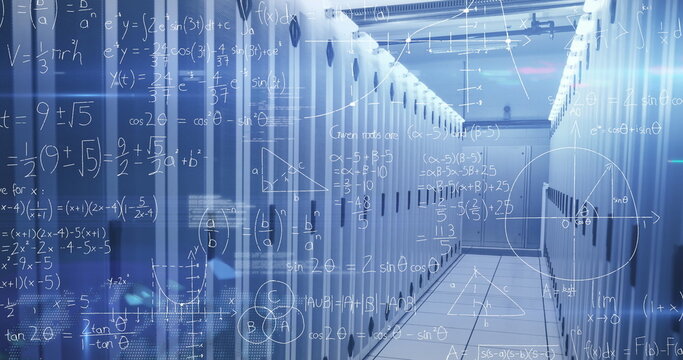 Image of mathematical equations and data processing over server room - Powered by Adobe