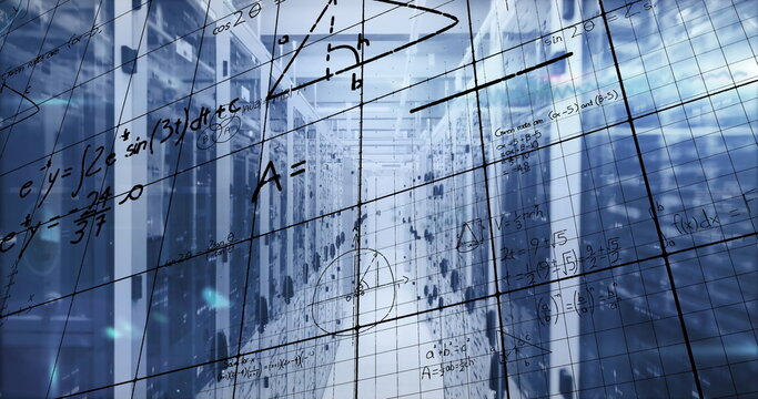 Image of mathematical equations and data processing over server room