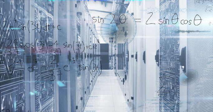 Image of mathematical equations and data processing over server room