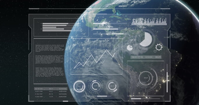 Image of data processing on screen over earth globe on blue background