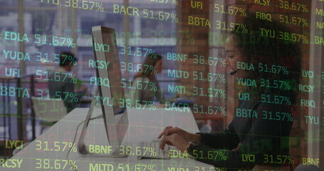 Image of stock market data processing over african american woman using computer at office