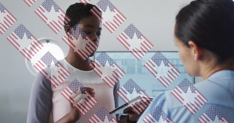 Image of flag of usa over diverse business people in office