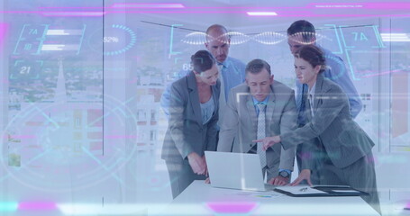 Image of interface with data processing over diverse businesspeople discussing at office