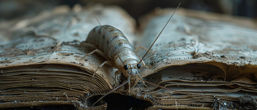 A silverfish navigating the moldy pages of an old book, emphasizing the fine scales and antennae