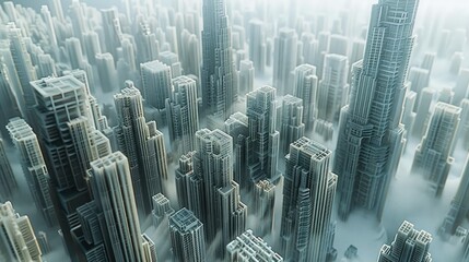 Aerial view of a city with abstract brutalism architecture. The buildings are made from stone with intricate binary code. Generative AI.