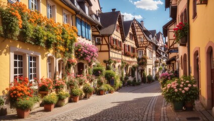 Naklejka premium A photo of a narrow street with half-timbered houses on both sides and flowers on the windowsills.