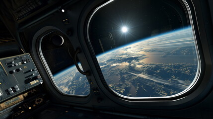 Realistic view of Earth from a space station, showcasing the planets curvature and atmospheric...