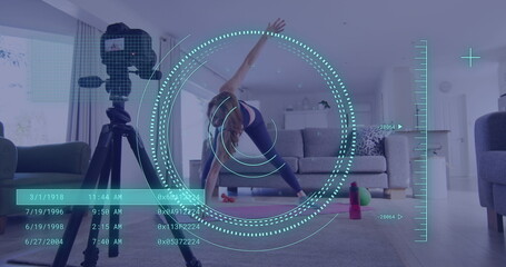 Image of data processing over caucasian woman exercising, recording fitness vlog