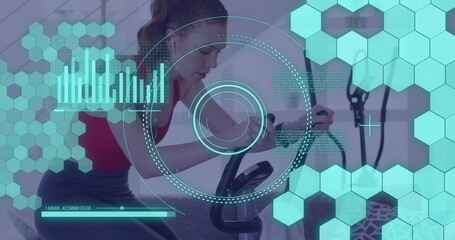 Image of data processing over caucasian woman exercising, using stationary bike