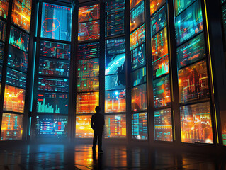 A thinker in a room where walls are screens, displaying 3D charts and colorful projections of market trends shaped by AI analysis