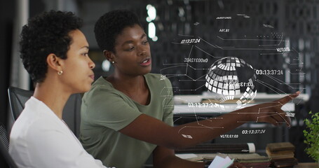 Image of data processing and globe over diverse business people talking in office