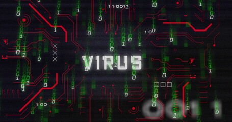 Image of virus text in circuit board pattern over falling binary codes against black background