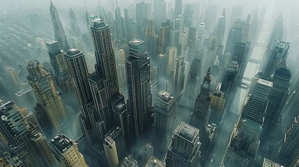 Aerial view of a city with abstract brutalism architecture. The buildings are made from stone with intricate binary code. Generative AI.