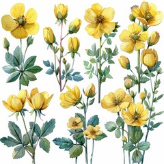 Illustrations in watercolor of yellow flowers and plants on a white background, hand painted for design and invitations.