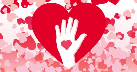 Image of hand icon and hearts on white background
