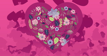 Image of multiple hearts over falling flowers on pink background - obrazy, fototapety, plakaty