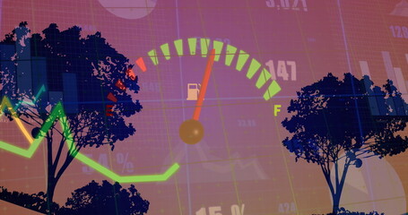 Image of speedometer and statistical data processing over silhouette of trees against sunset sky