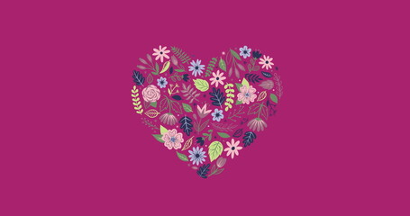 Image of multiple hearts of flowers over falling flowers on pink background - obrazy, fototapety, plakaty