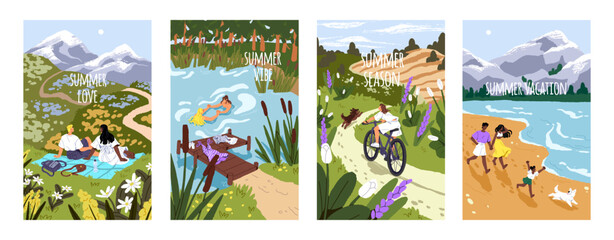 Fototapeta premium Summer vacation posters set. People swimming, cycling outdoor in summertime vertical postcards. Family walking on beach. Couple has a picnic on flower meadow. Countryside. Flat vector illustrations