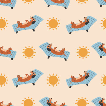 Dachshund dog sunbathing seamless pattern. Funny cartoon puppy in sunglasses lies and rests on a sun lounger on summer beach. Vacation pet background. Vector illustration