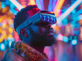 An artist wearing AR glasses, viewing a collage of floating 3D product models in a spectrum of neon lights symbolizing imaginative marketing