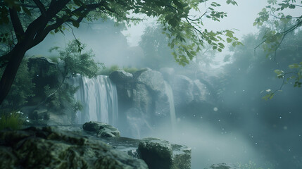 Misty morning shot of waterfall with fog in nature landscape