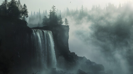 Misty morning shot of waterfall with fog in nature landscape