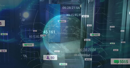 Image of social media icons, spinning globe and data processing against computer server room