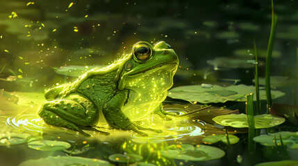 An undead frog with a seethrough, radiant lime green body sitting on a lilypad, surrounded by a swamp that glows with an ethereal mist