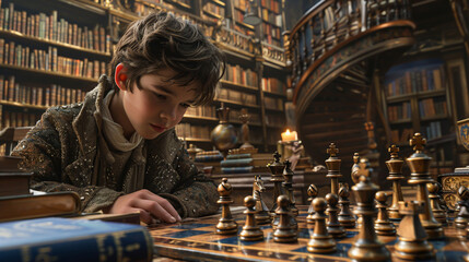 Child prodigy pondering over a chessboard with animated chess pieces, each piece with a life of its own, in a magical library - obrazy, fototapety, plakaty