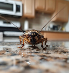 Closeup of a cockroach crawling on a greasy kitchen counter, highlighting the texture of its shell