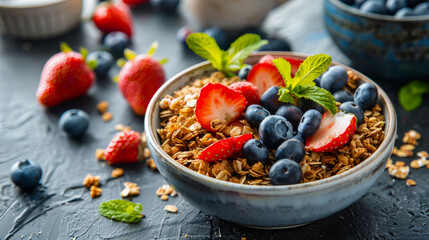 Juicy start: granola with strawberries and blueberries.  - obrazy, fototapety, plakaty