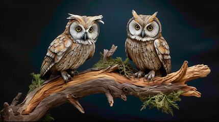 Pair of wise and watchful owls perched on a weathered branch, their feathers ruffled by a gentle forest breeze, guardians of the night. - obrazy, fototapety, plakaty