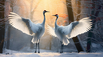 Pair of regal red-crowned cranes gracefully dancing in a serene forest glade, their elegant movements a mesmerizing spectacle. - obrazy, fototapety, plakaty