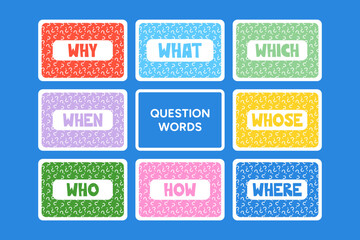 Question words flash cards colorful vector illustration collection. Word learning, school education for children. Teacher lesson resources, games for fun studying