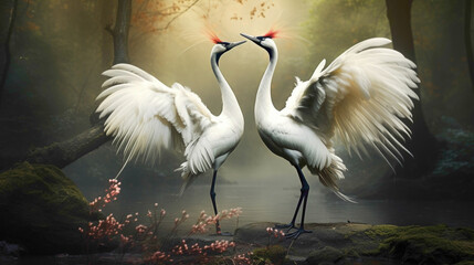 Pair of regal red-crowned cranes gracefully dancing in a serene forest glade, their elegant movements a mesmerizing spectacle. - obrazy, fototapety, plakaty