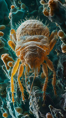 Microscopic view of a dust mite in a dense carpet fiber forest, showcasing intricate details - obrazy, fototapety, plakaty