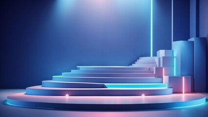 A blue and pink stage with stairs lit by spotlights.

