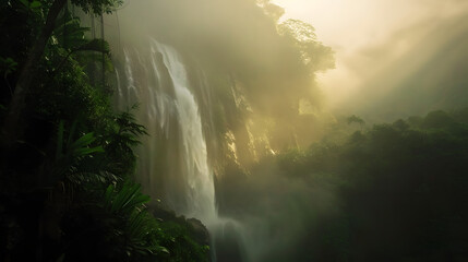 Misty morning shot of waterfall with fog in nature landscape