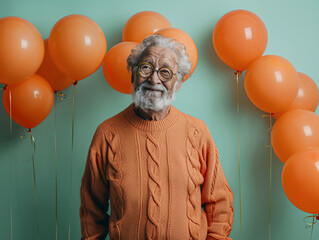 Old man in a casual sweater, amused by a burst of orange balloons, against a light mint green background