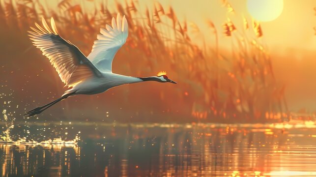 Golden sunset and white red-crowned crane illustration poster background