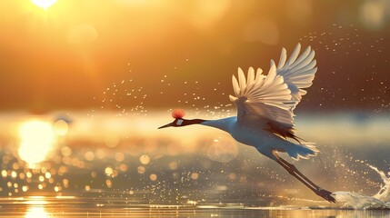 Naklejka premium Golden sunset and white red-crowned crane illustration poster background