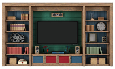 Stylish vintage wooden entertainment center featuring a blank tv screen, books, and decor isolated on white - 3d rendering - 785104746
