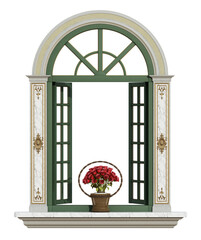 Sophisticated window design with green shutters and ornate decoration, featuring a basket of vivid red flowers isolated on white - 3d rendering - 785104767